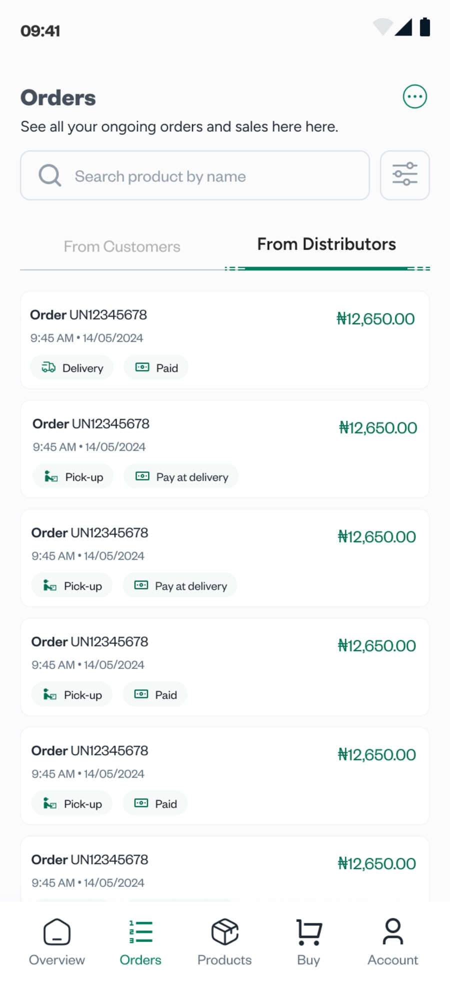 Seller orders, from customers or from distributors