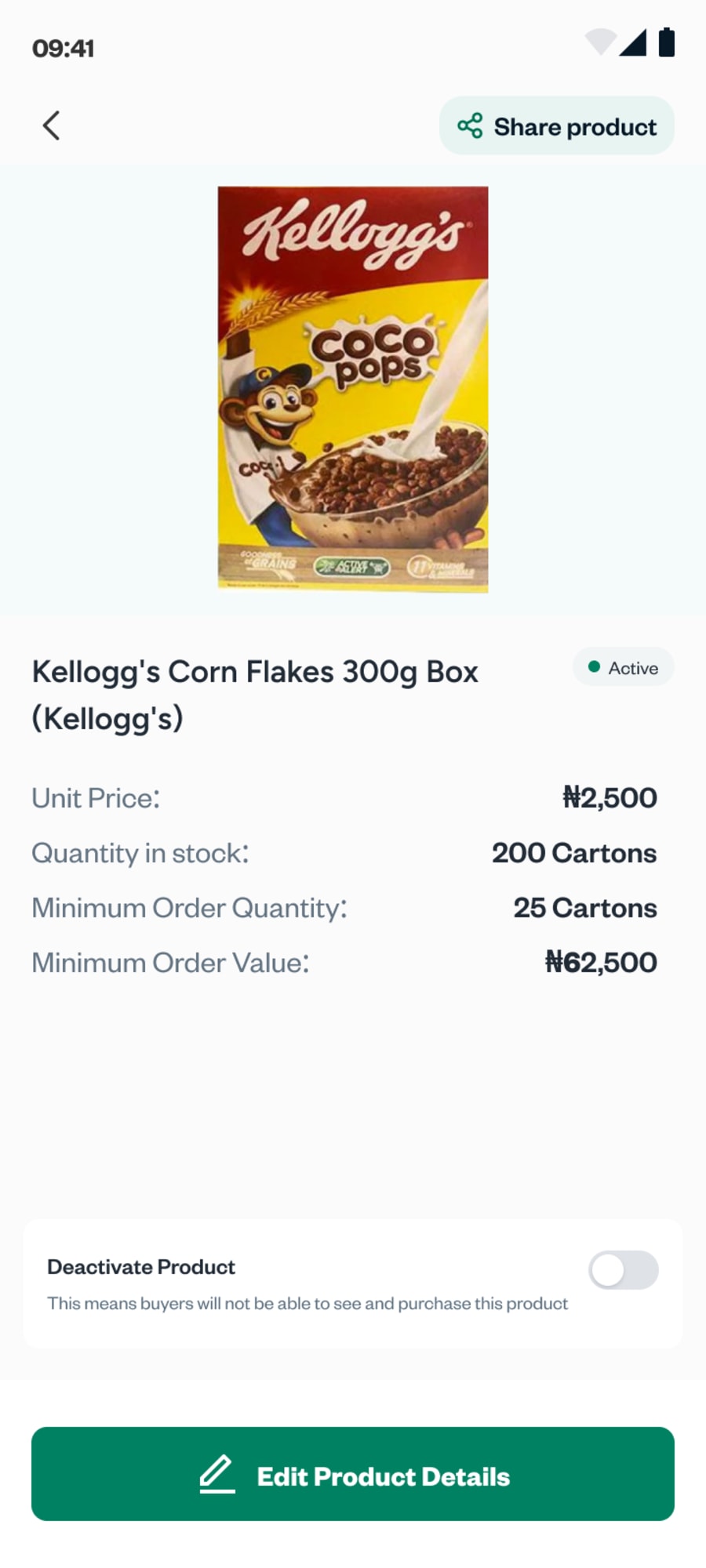 Product detail with a toggle to deactivate it