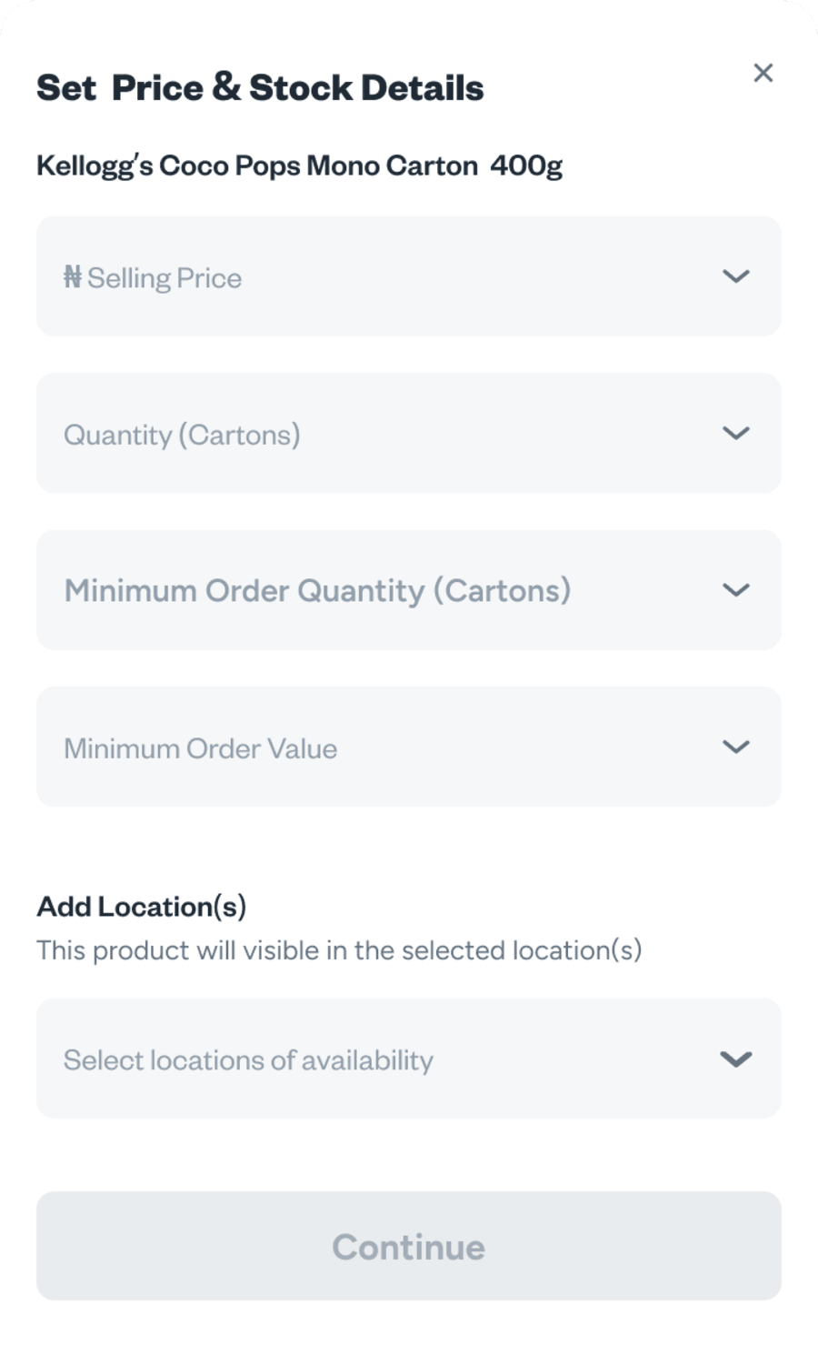 Set price, stock, minimum order quantity and value, and locations