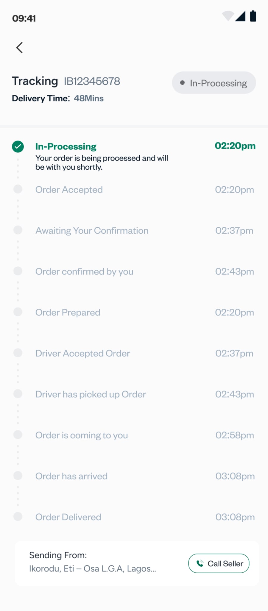 Order tracking: ten timed steps, with Call seller