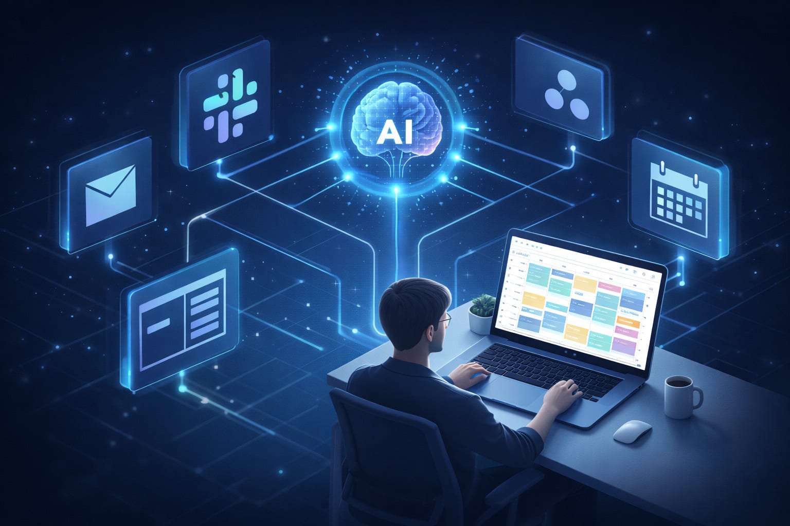 Futuristic workspace with AI integration