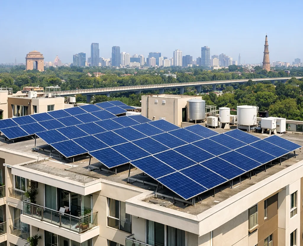 Rooftop solar panel installation on residential building in Delhi NCR showing complete solar system setup
