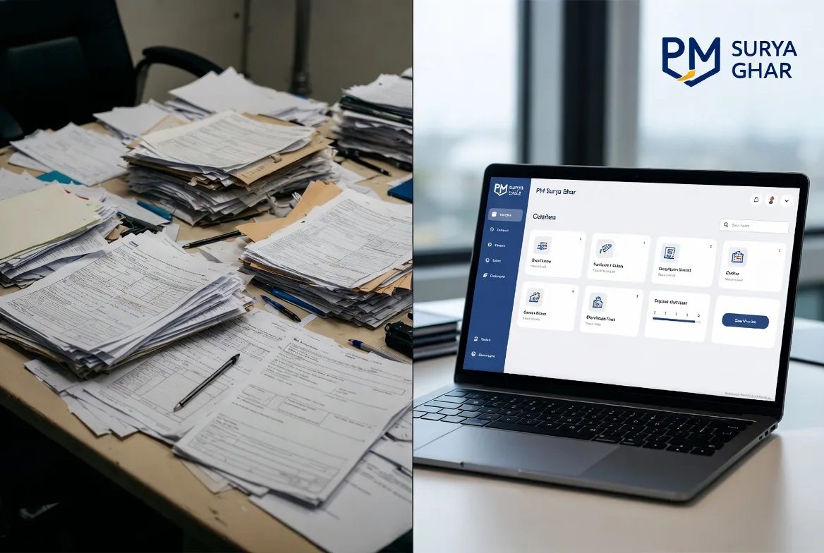 Comparison of old solar subsidy application process versus new PM Surya Ghar digital portal showing improvements