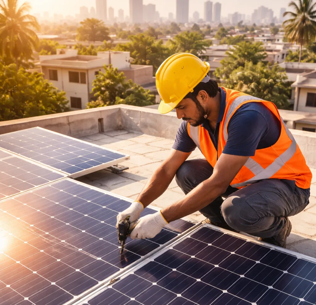 Solar panel installation on RCC flat roof of an Indian home with DISCOM inspector checking meter