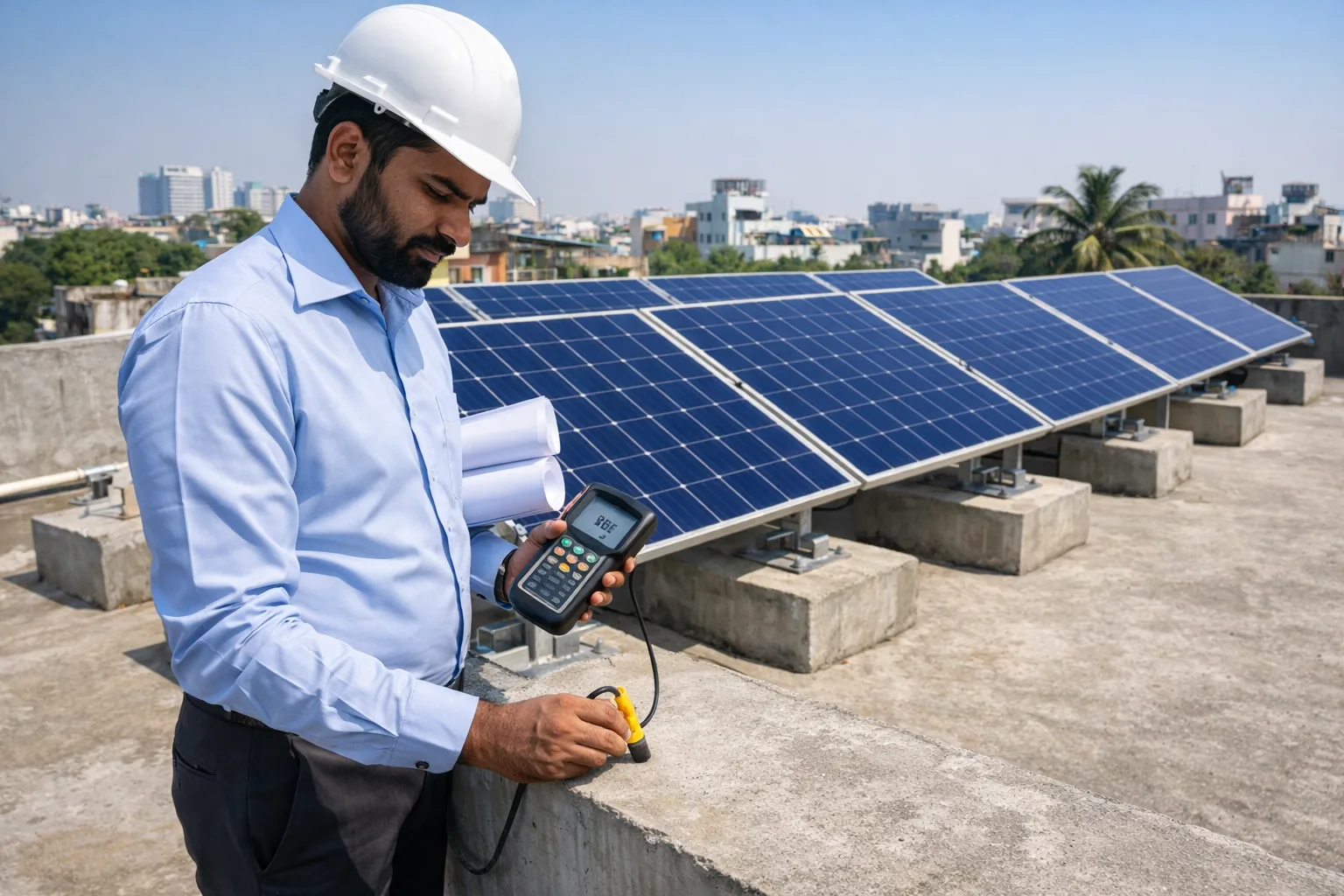 RCC flat roof structural assessment for solar panel installation showing engineer measuring load capacity
