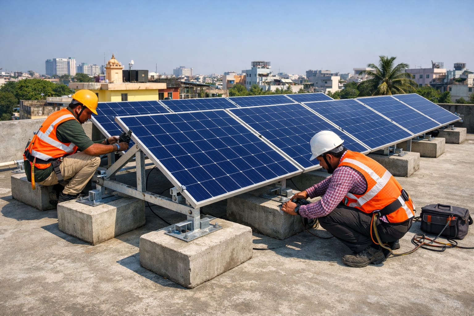 Solar panel mounting structure installation on RCC flat roof showing ballasted concrete blocks and aluminum rails