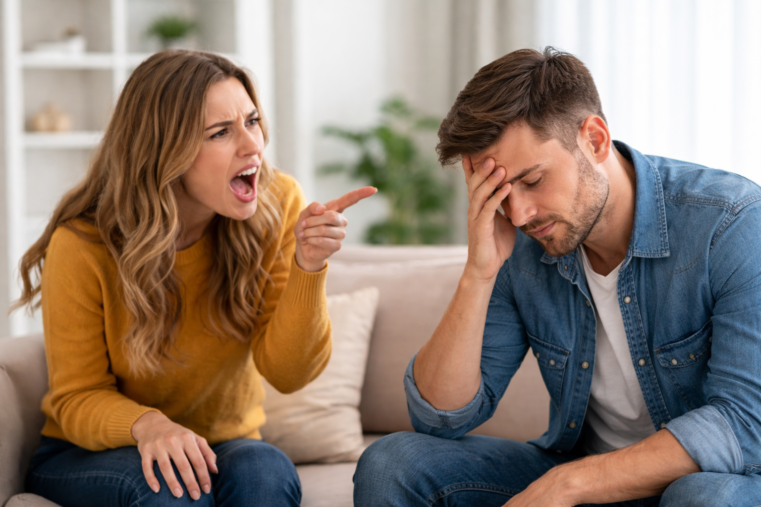 Tense moment in modern living room