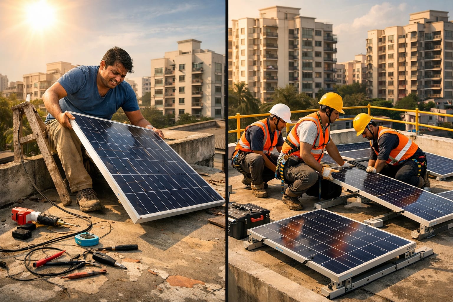 DIY vs professional solar panel installation comparison showing safety risks and efficiency differences on Indian rooftop