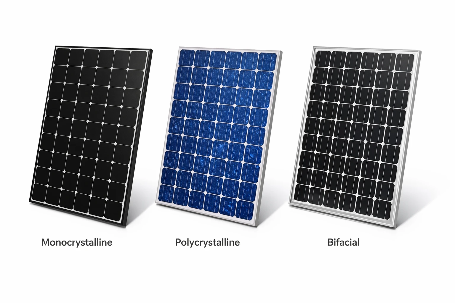 Visual comparison of monocrystalline polycrystalline and bifacial solar panel types showing color texture and construction differences