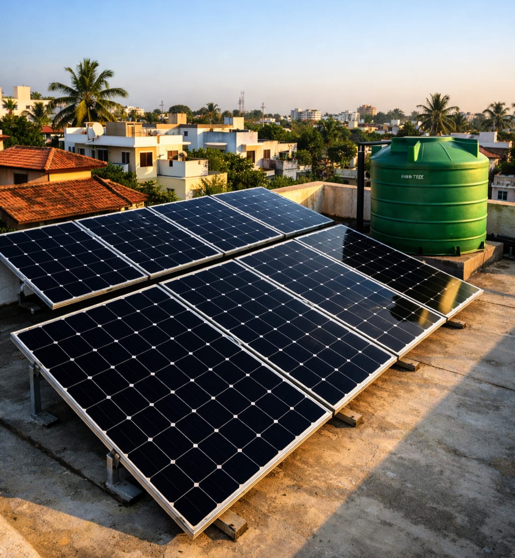 Residential rooftop in a sunny Indian suburb