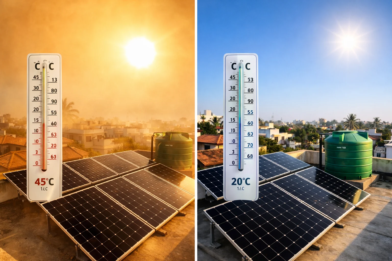 Infographic comparing solar panel efficiency in Indian summer heat vs cool winter weather.