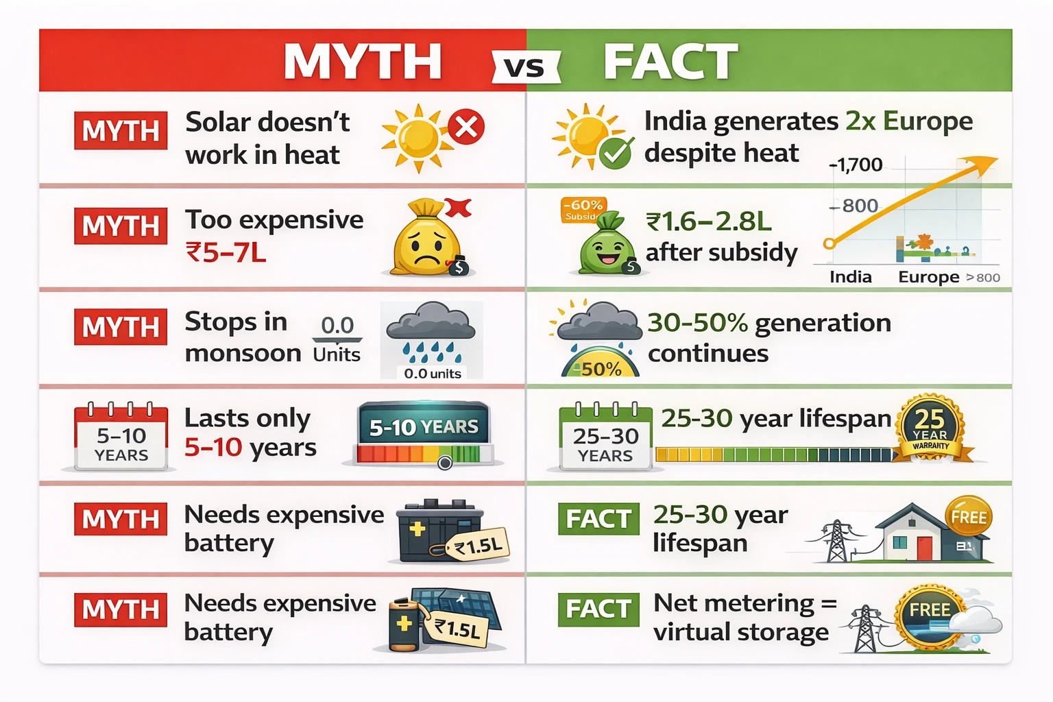 Solar panel myths vs facts infographic showing truth about heat performance cost monsoon generation lifespan and battery requirements in India