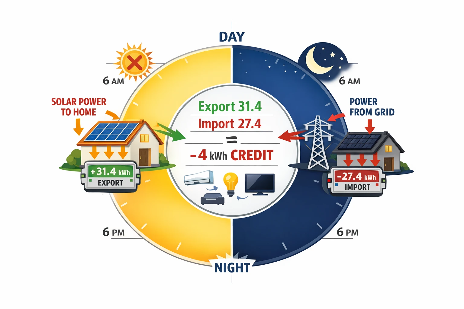 24-hour solar power flow diagram showing daytime export to grid and nighttime import with net metering creating 4 kWh credit for Indian home