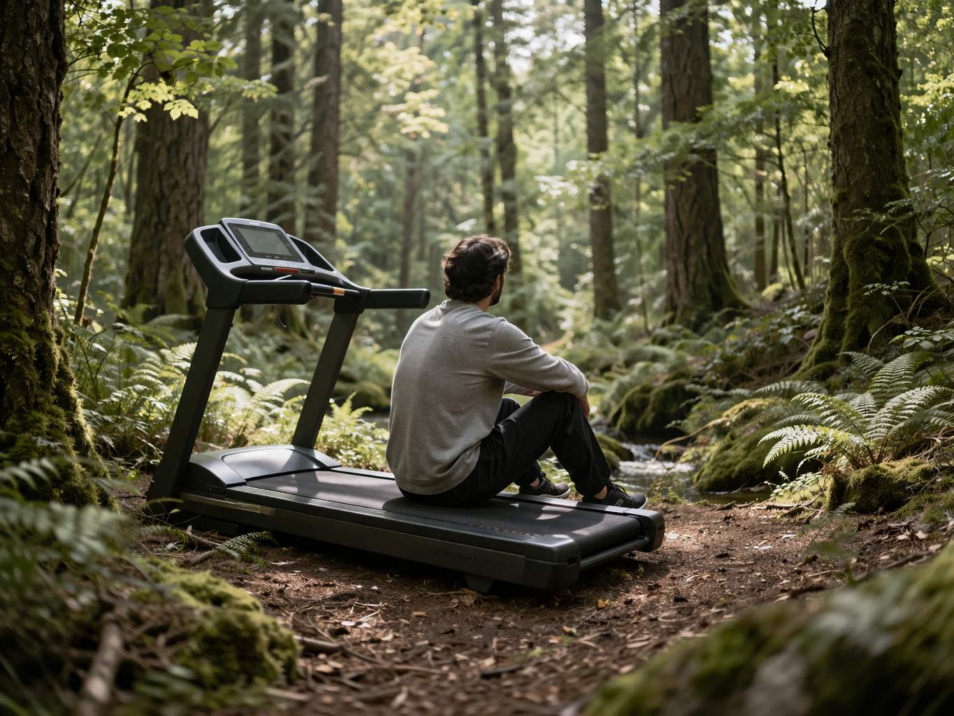 Person sitting on a treadmill in a forest, symbolizing opting out of constant productivity culture.