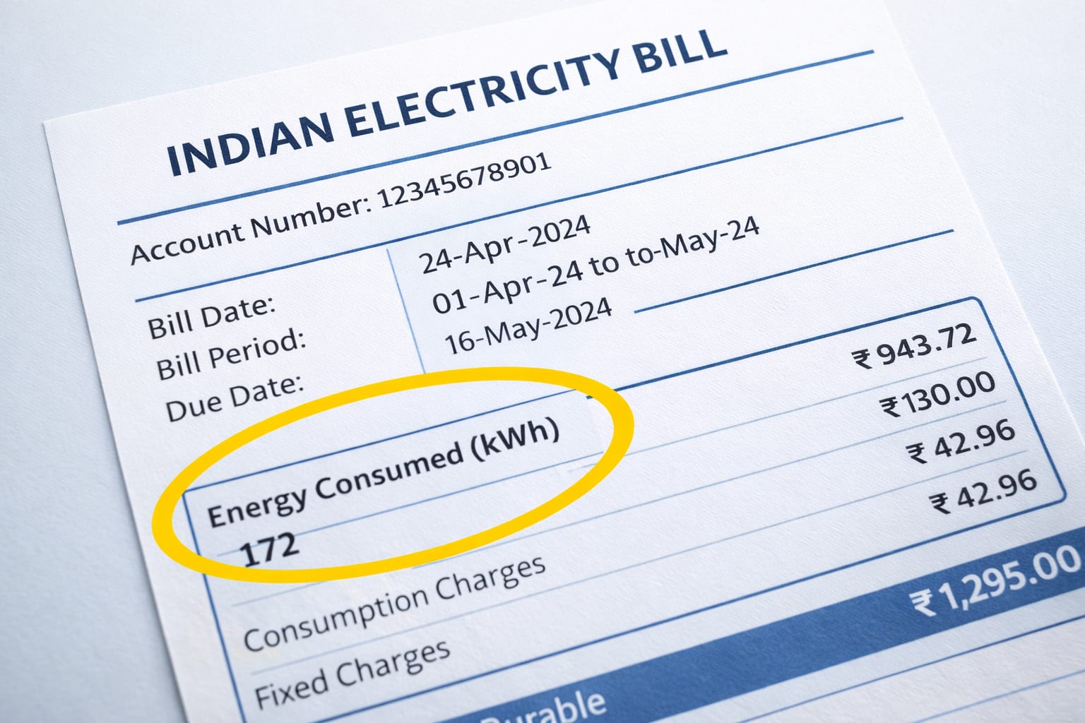 Sample Indian electricity bill showing how to find monthly units consumed for solar system sizing calculation