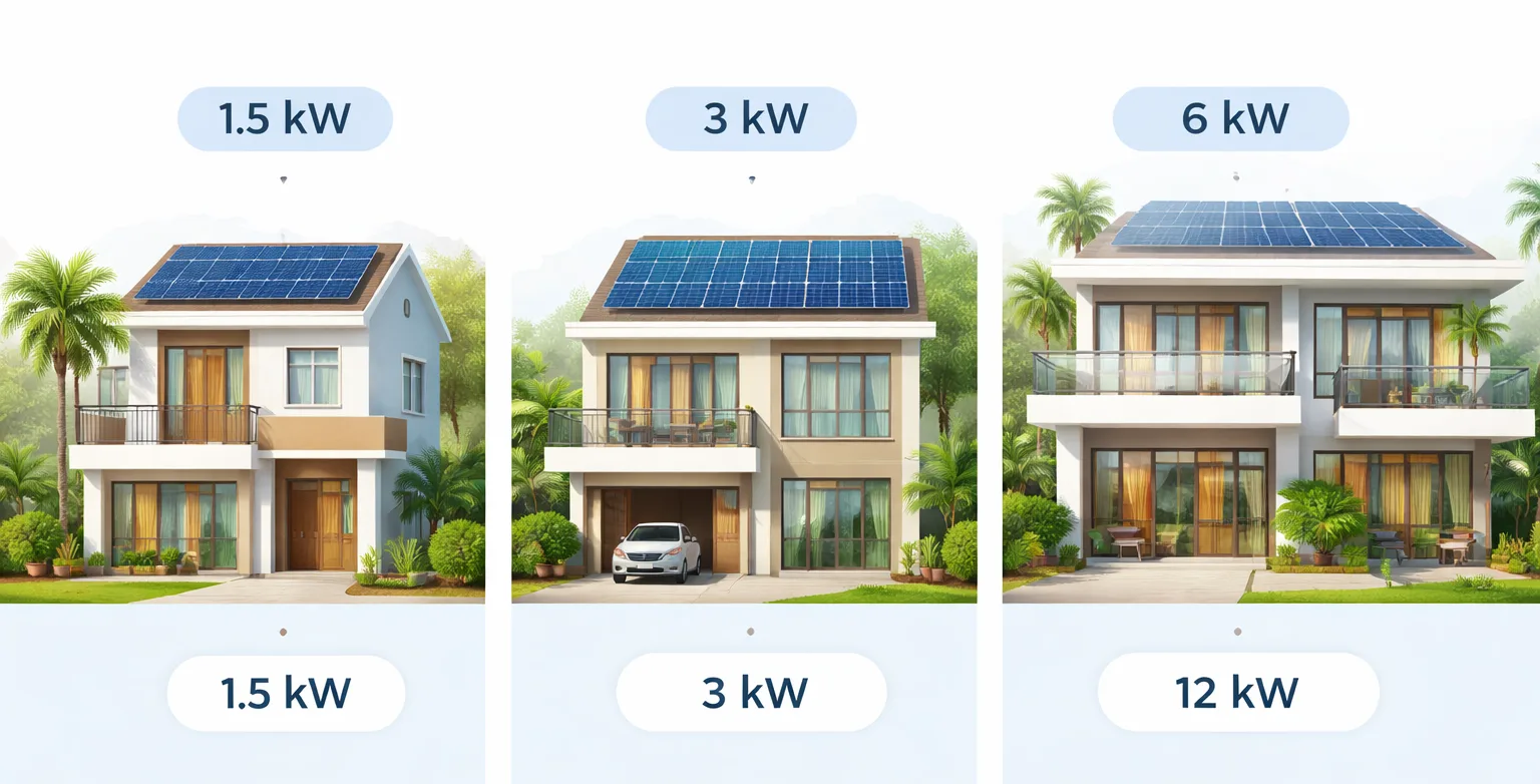 Comparison of solar system sizes for small, medium, and large Indian homes with panel count and kW ratings.