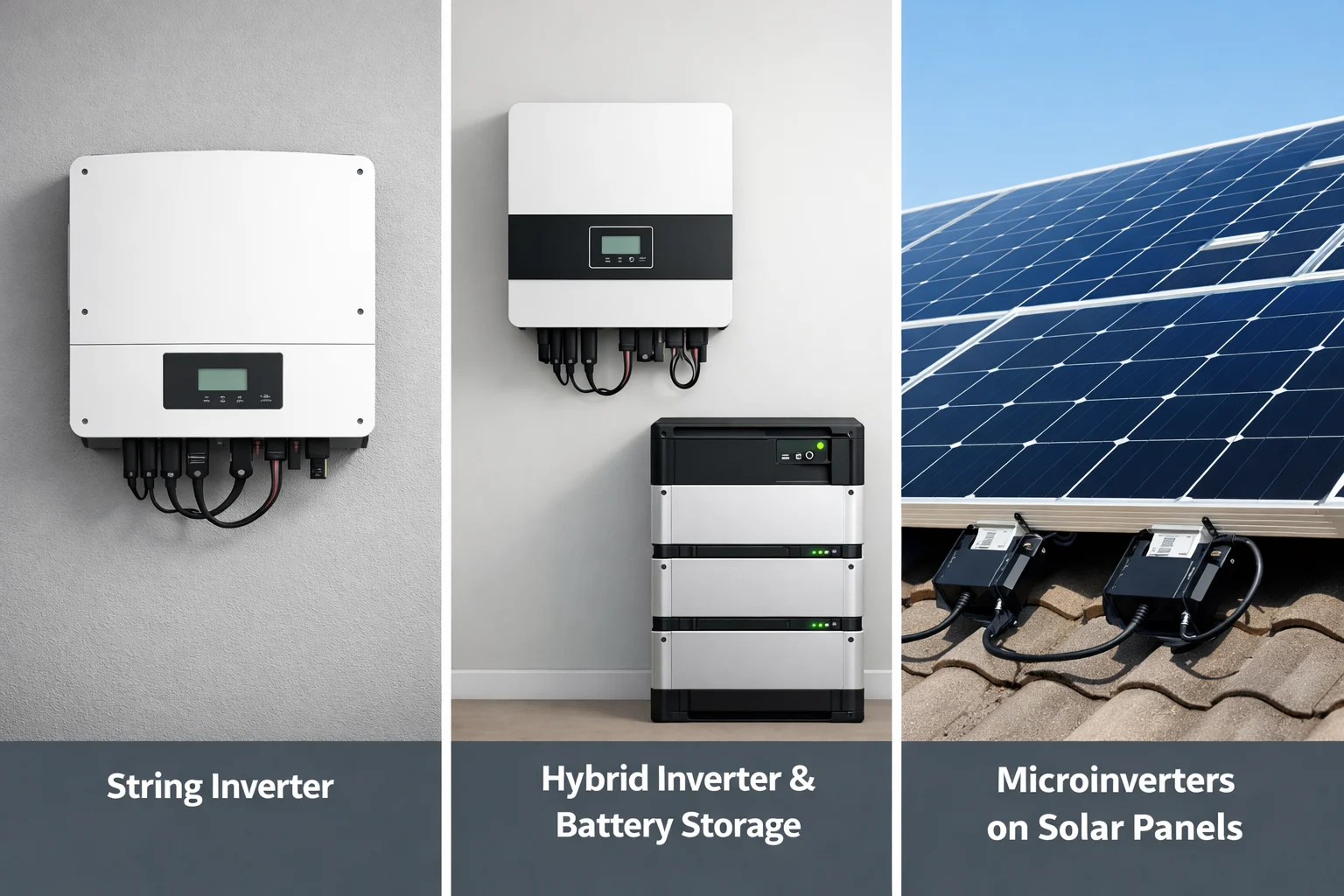 Comparison of string inverter, hybrid inverter with battery, and microinverters for Indian solar systems.