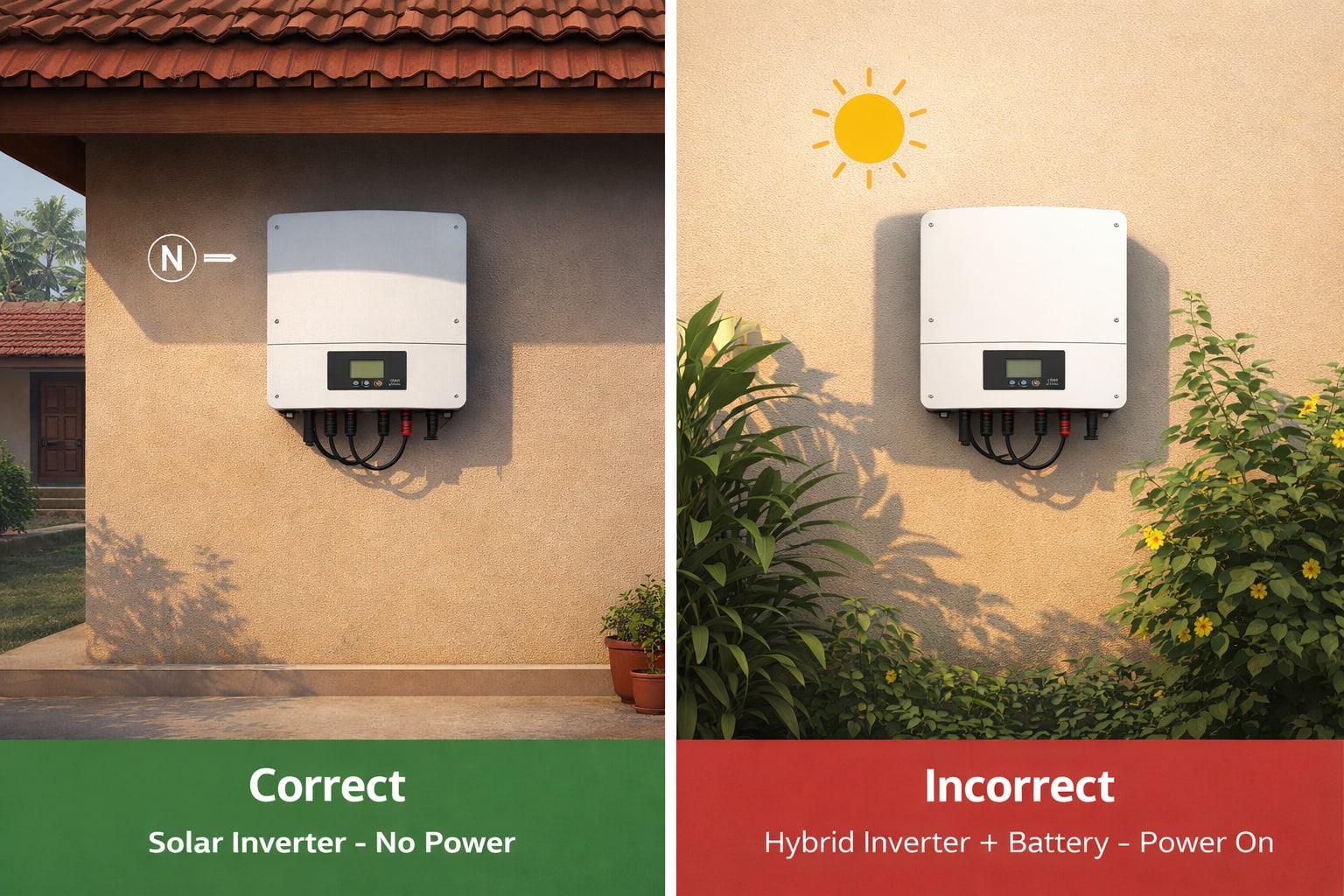 Infographic showing correct and incorrect solar inverter installation placement to prevent overheating errors in Indian homes.