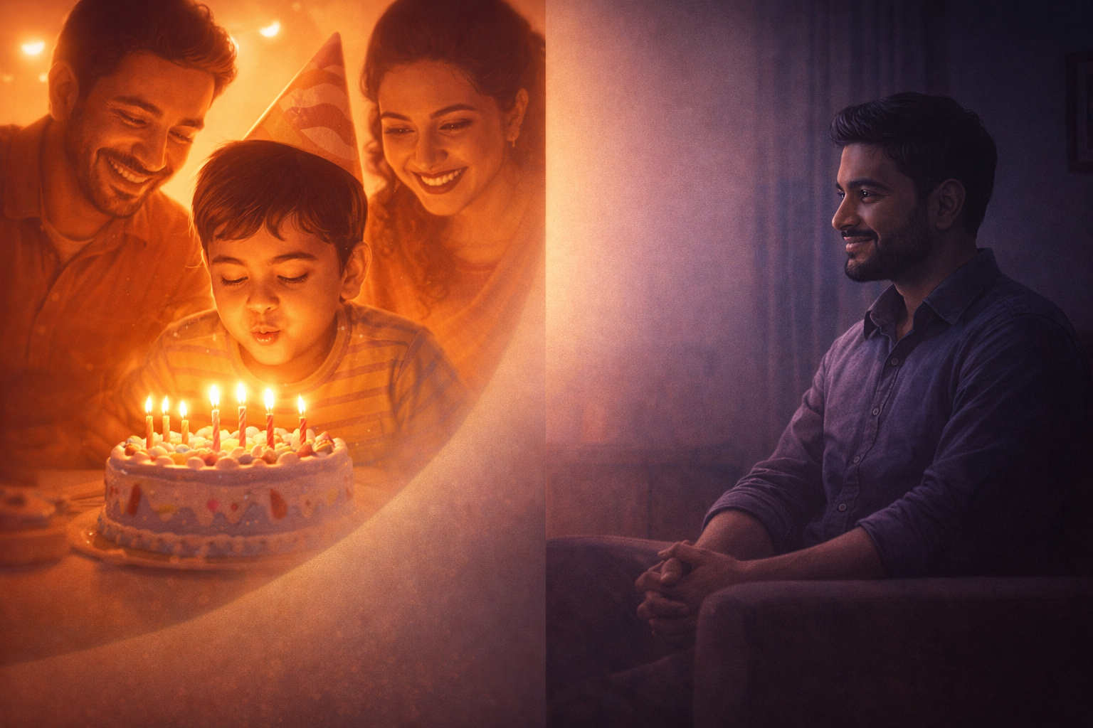 Split illustration showing a childhood memory and an adult reflecting, representing the dual time perspective of nostalgia.