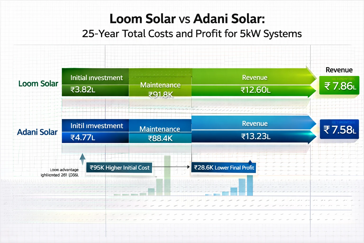 25-year total cost ownership comparison chart showing Loom Solar ₹7.86 lakh net profit vs Adani Solar ₹7.58 lakh with initial investment and maintenance costs breakdown