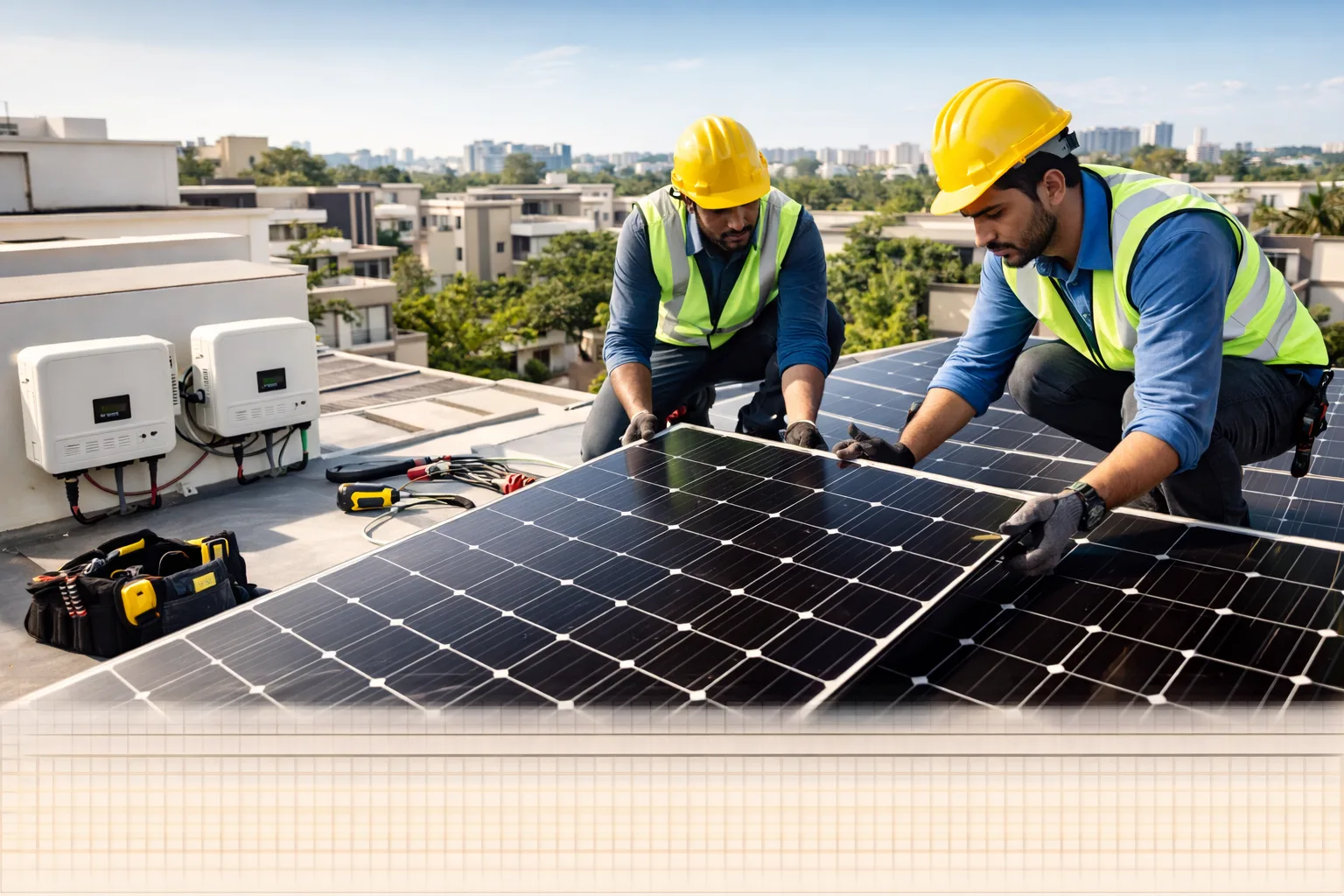 Solar installers installing rooftop solar panels in Pune residential area