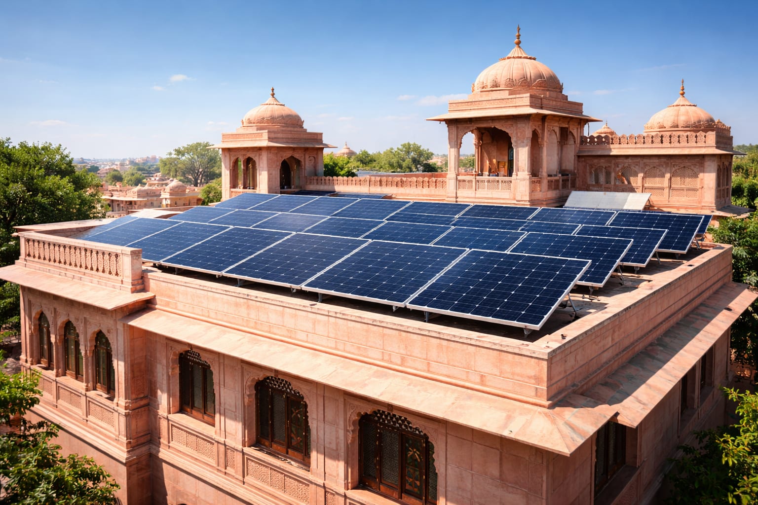 Rooftop solar panel installation on traditional Jaipur residential building showing solar system in Pink City