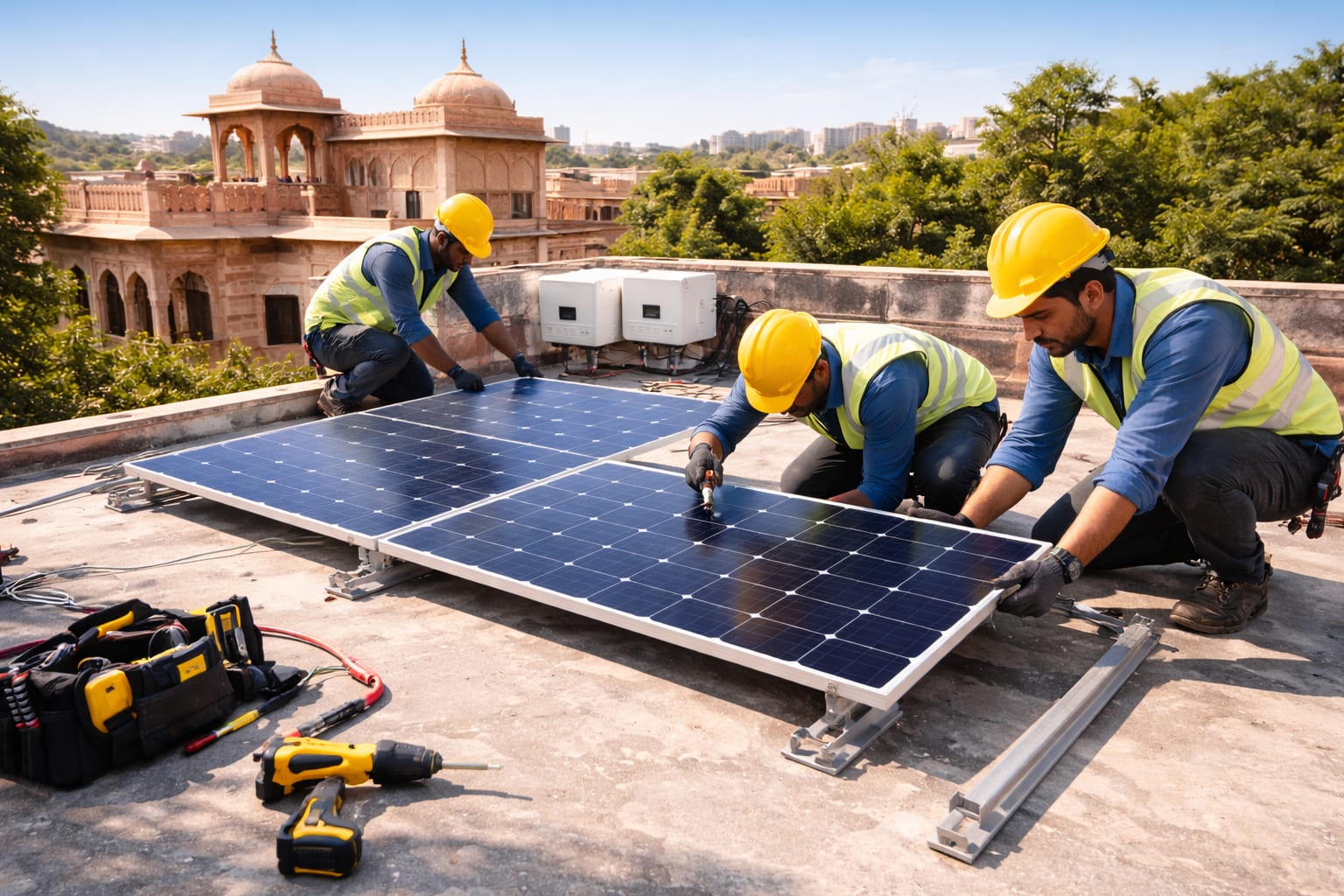Professional solar installation team installing rooftop solar panels on residential building in Jaipur Rajasthan