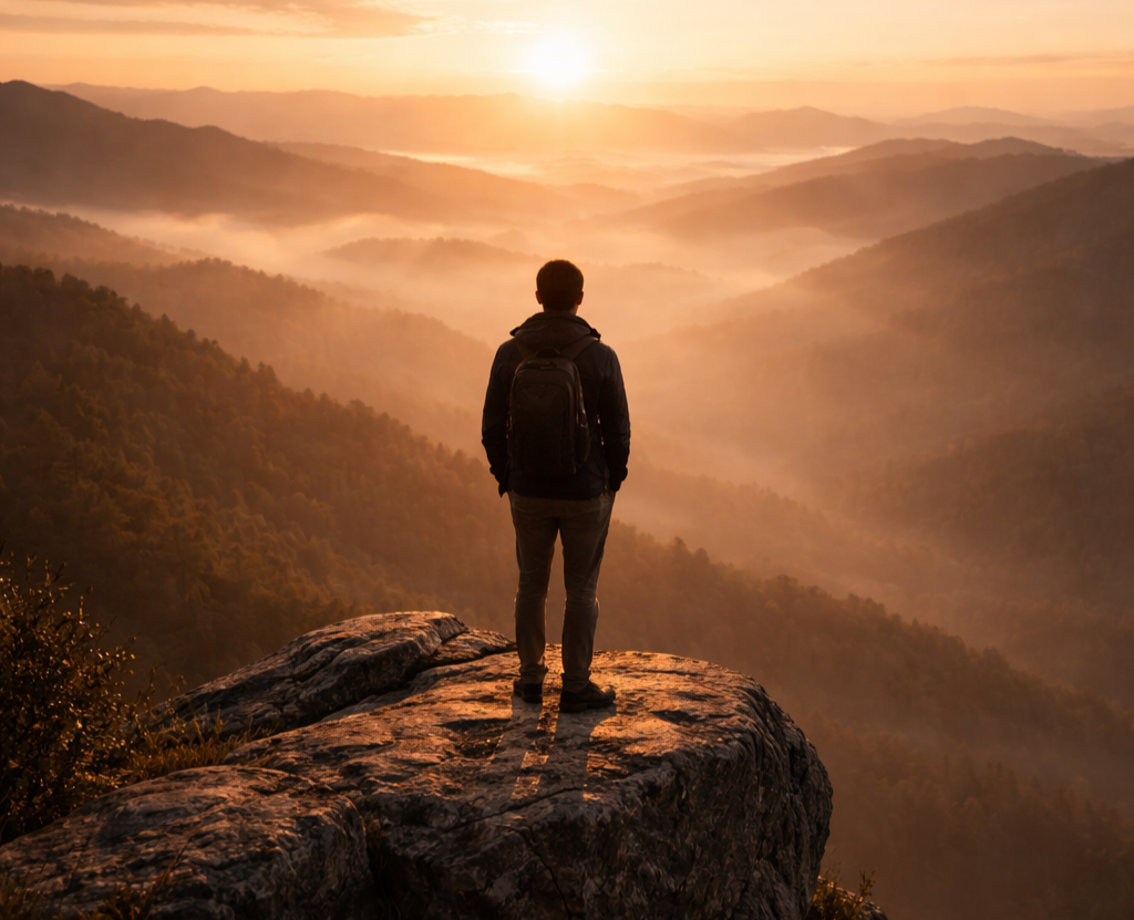 Person standing on a mountain cliff at sunrise overlooking a vast landscape, symbolizing acceptance, reflection, and personal growth.
