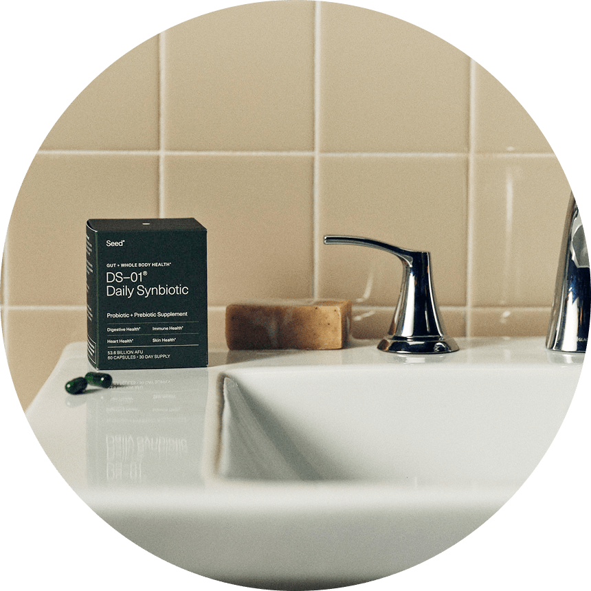 Seed DS-01® glass jar and monthly refill pouch — shelf-stable, no refrigeration required