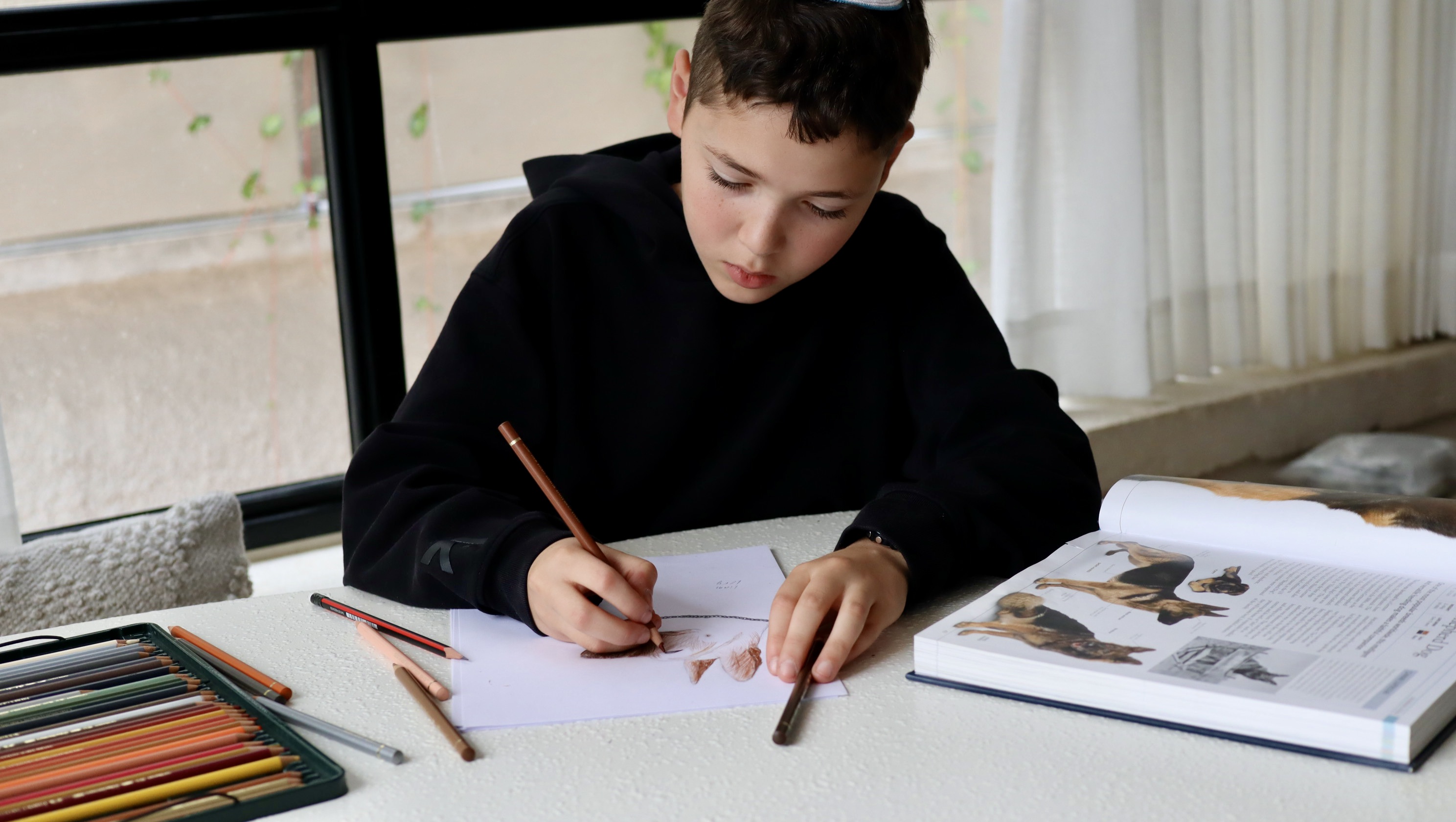Boy drawing at his desk with colored pencils
