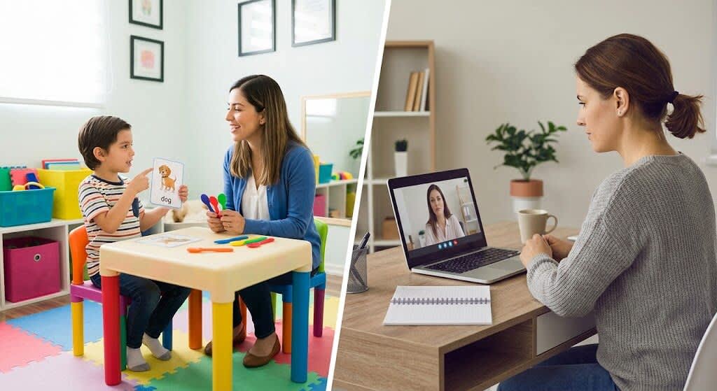 lisp-therapy-options.jpg Child receiving in-person speech therapy and adult attending speech teletherapy online