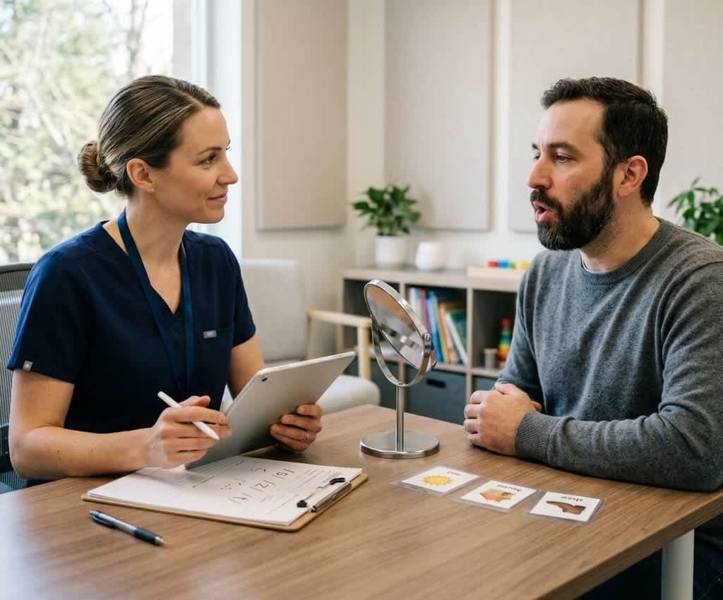 lisp-speech-therapy.jpg Speech therapist evaluating an adult with a lisp during a therapy session