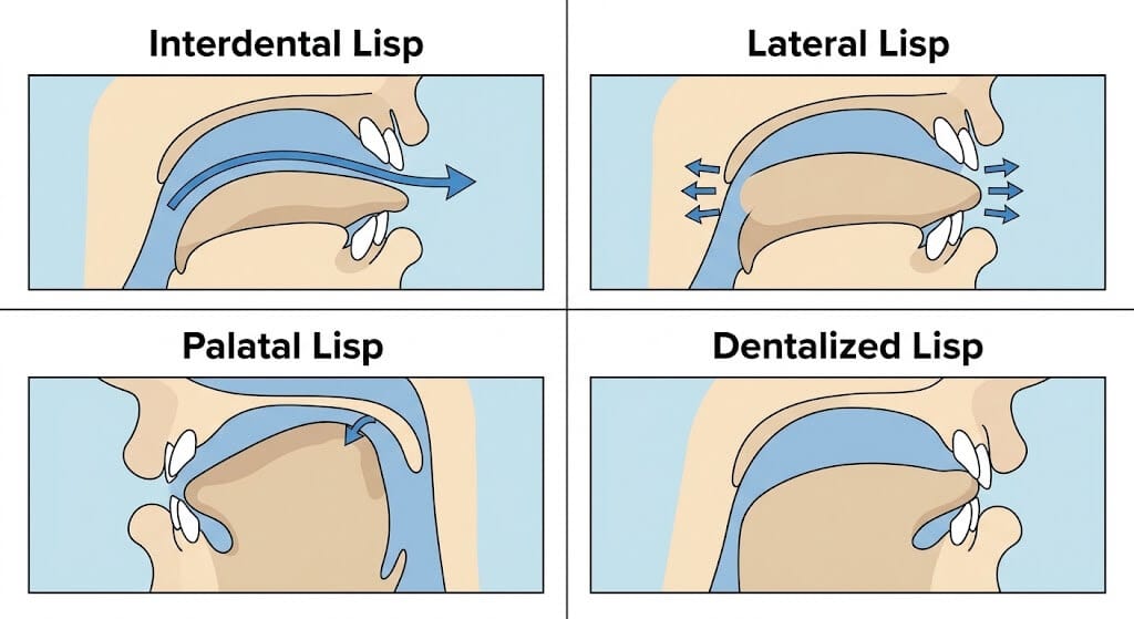 lisp-types.jpg Diagram showing interdental, lateral, palatal, and dentalized lisp types