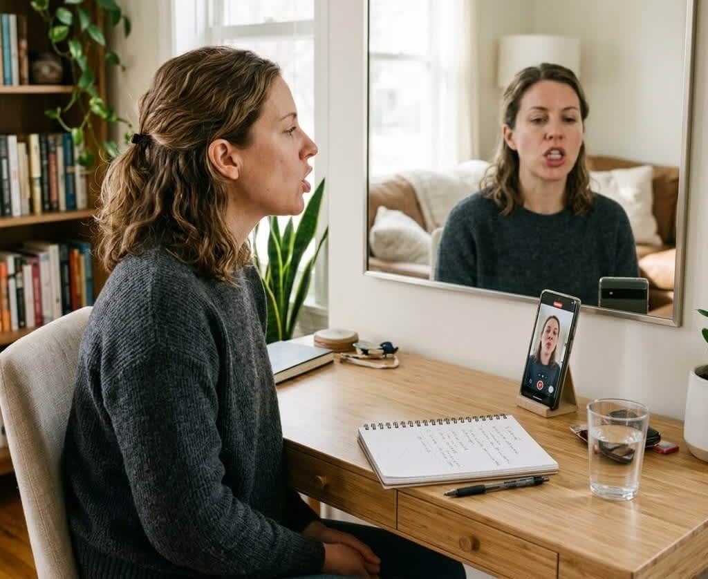 lisp-home-practice.jpg Adult practicing lisp speech exercises with a mirror during an online therapy session