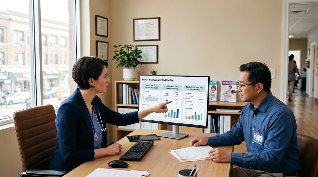 practice-revenue.jpg Doctor reviewing family practice revenue dashboard.