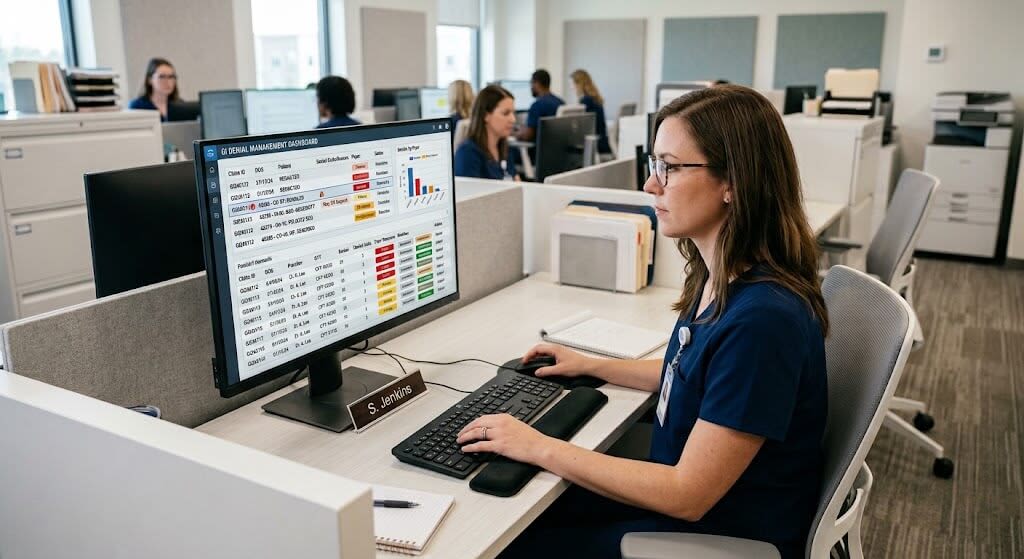 gi-denial-management.jpg GI billing specialist reviewing claim denials