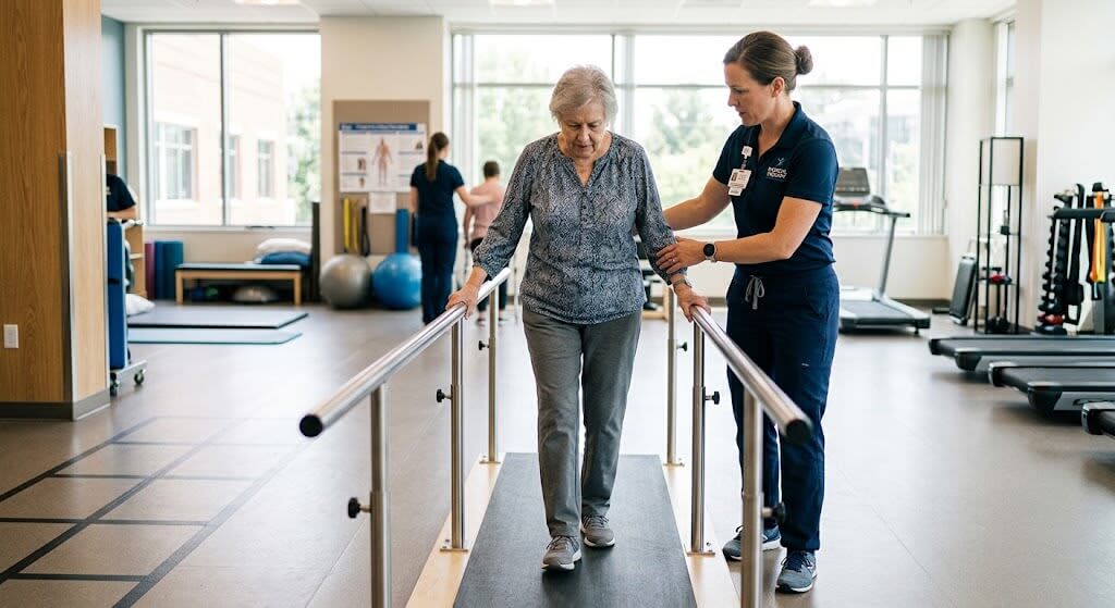 community-rehabilitation-therapy.jpg Older adult receiving walking support from a rehabilitation therapist in an outpatient facility