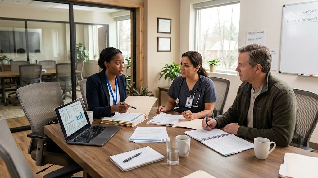 rehabilitation-care-planning.jpg Healthcare and community rehabilitation team discussing a client care and funding plan