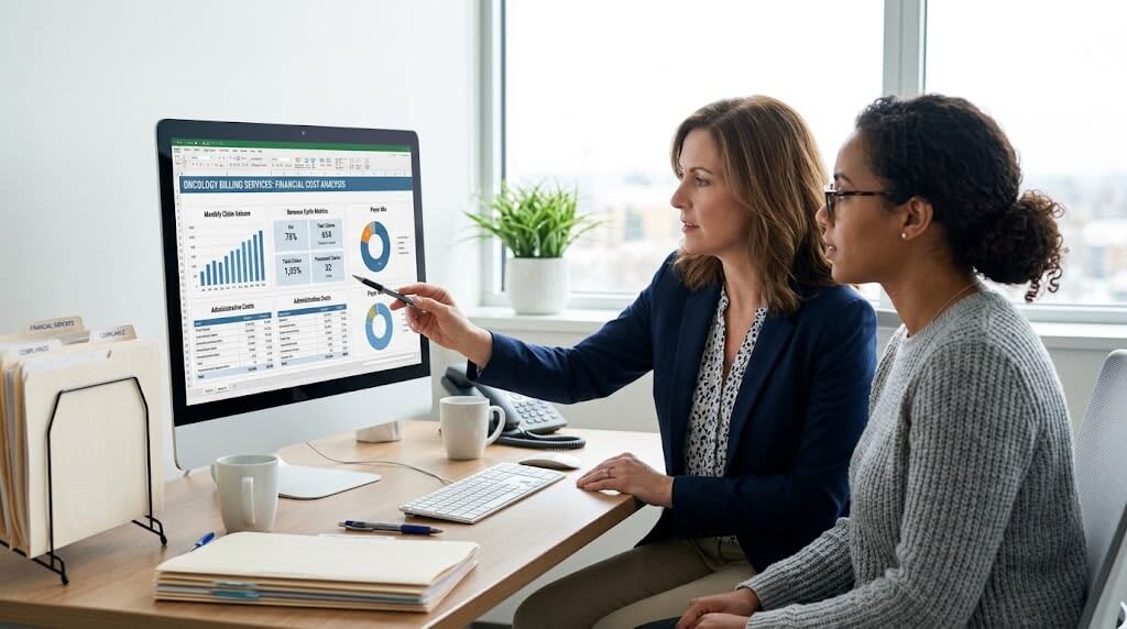 Healthcare professionals reviewing oncology billing costs and financial data