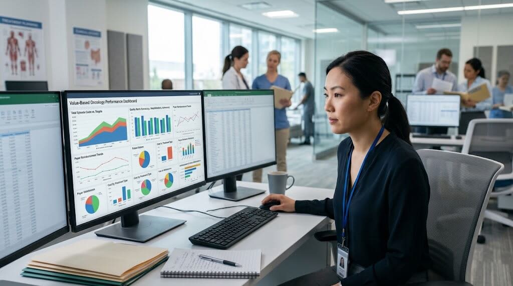 Oncology billing specialist reviewing revenue and performance dashboard