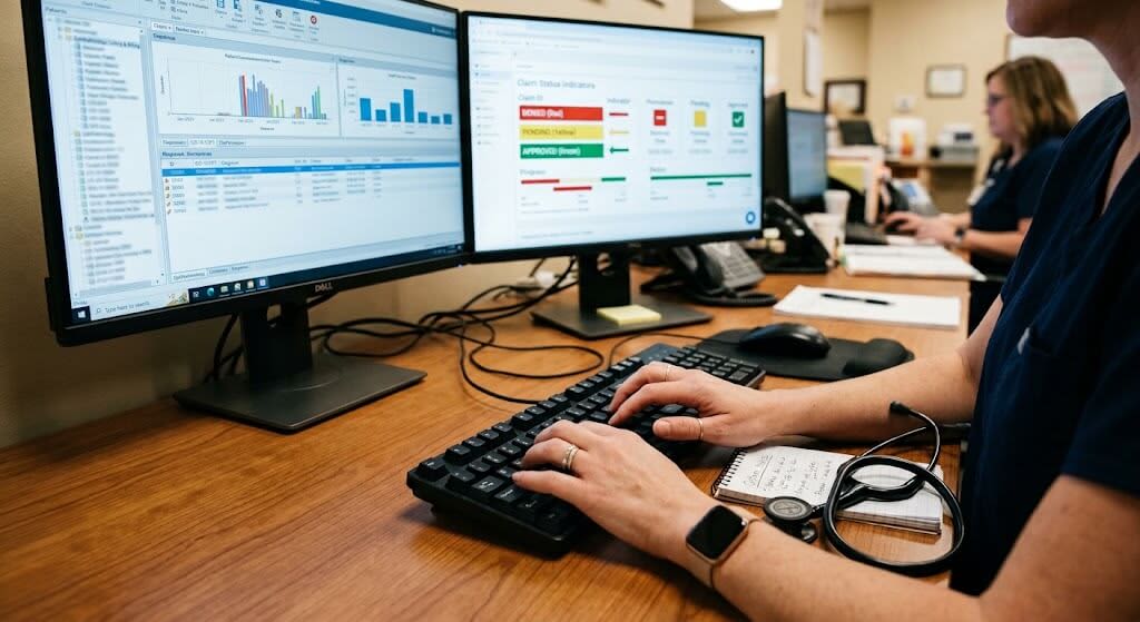Medical billing specialist reviewing ophthalmology claims and billing data