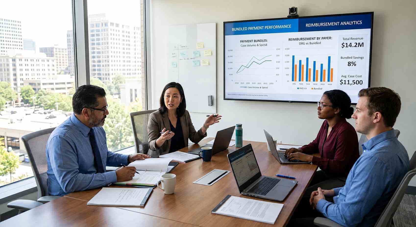 Radiation oncology billing specialists reviewing reimbursement analytics, CPT coding updates, and revenue cycle performance during a team meeting.