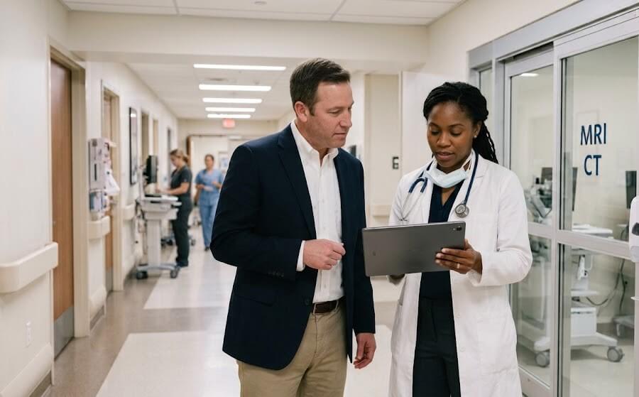 Radiation oncologist and healthcare administrator reviewing patient treatment documentation for accurate radiation therapy billing and reimbursement.