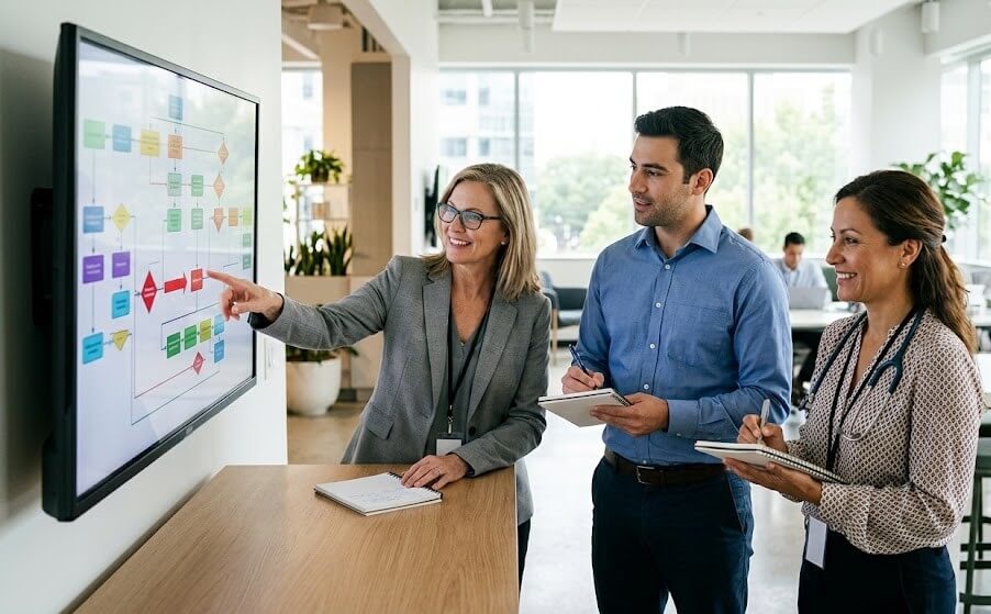 claims-workflow-planning.jpg Team reviewing health insurance claims workflow