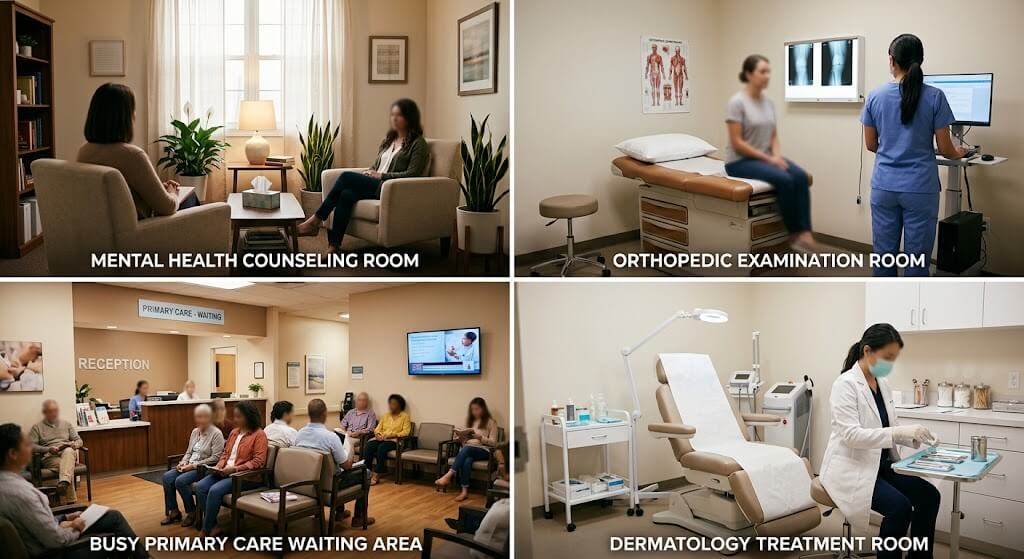 insurance-eligibility-verification-by-medical-specialty.jpg Medical practice rooms for mental health, orthopedic, primary care, and dermatology specialties