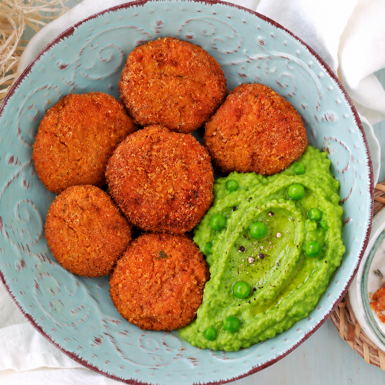 POLPETTE ALLA ZUCCA CON PURE DI PISELLI
