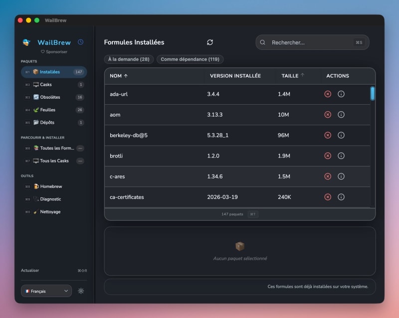 Interface principale WailBrew — vue Formules Installées avec barre latérale
