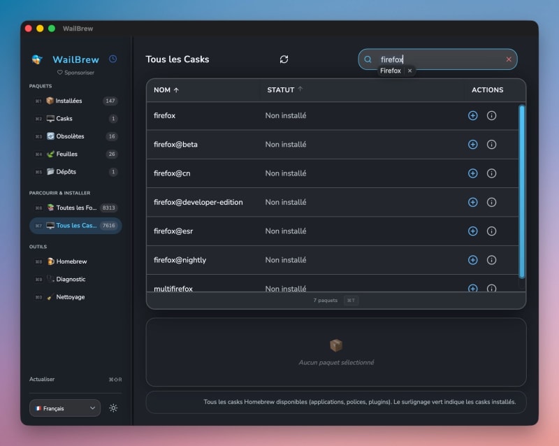Recherche dans Tous les Casks — exemple avec Firefox