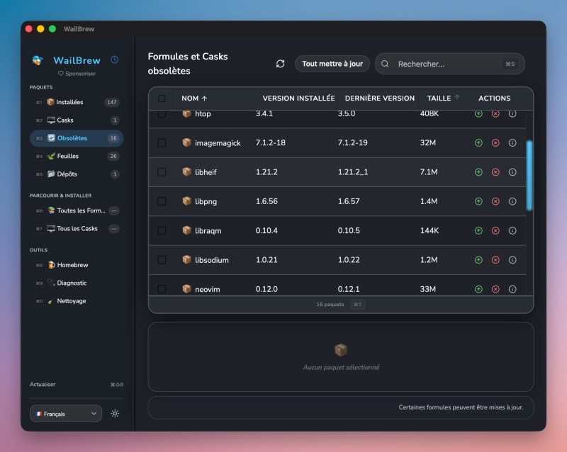 Section Obsolètes WailBrew — Formules et Casks obsolètes avec versions comparées
