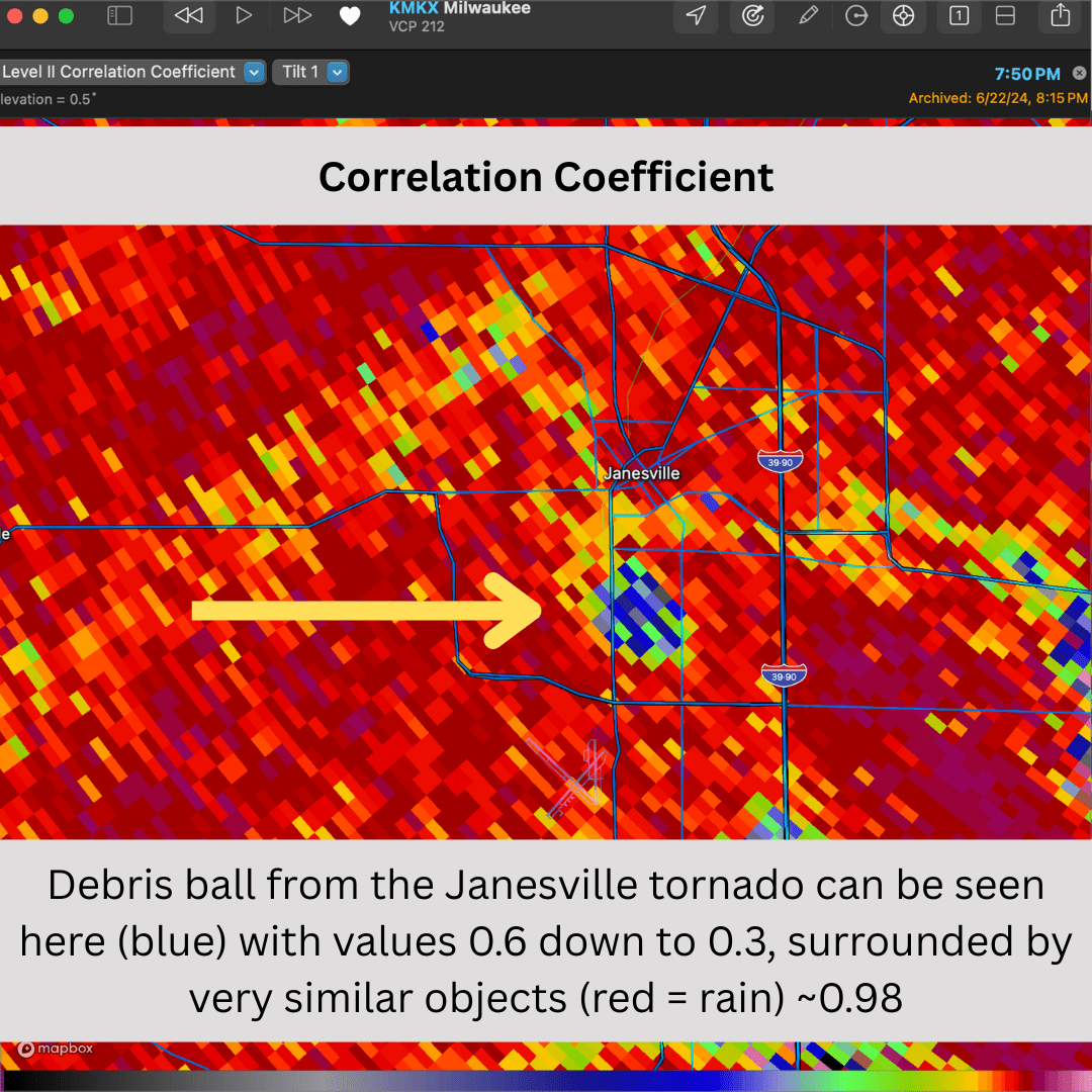 Image 16. Radar image of tornado debris ball seen on CC